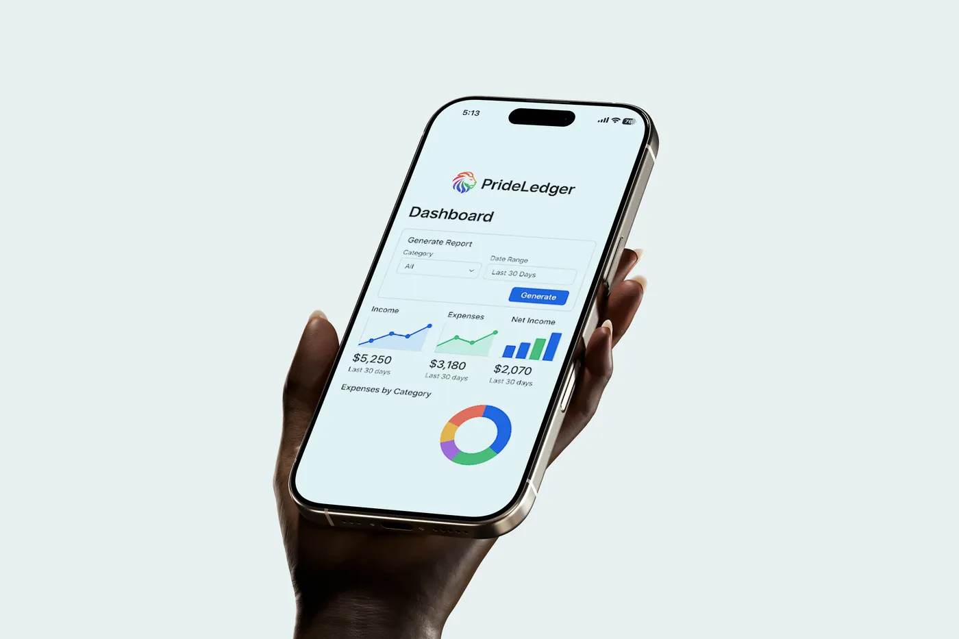 PrideLedger Dashboard on phone