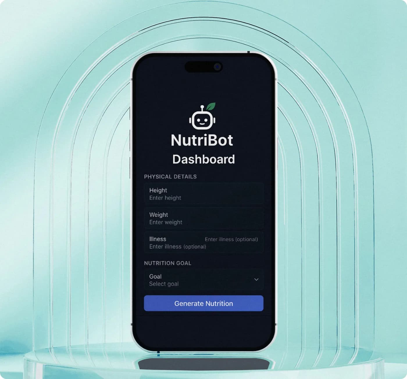 NutriBot dashboard shown on a mobile device on a podium