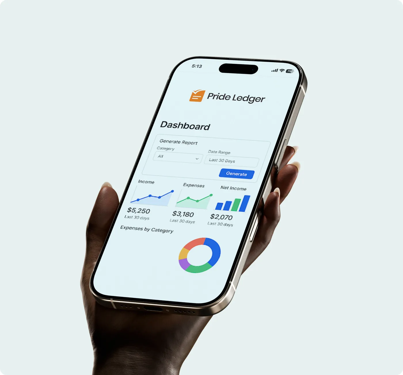 Pride Ledger financial dashboard shown on a mobile device
