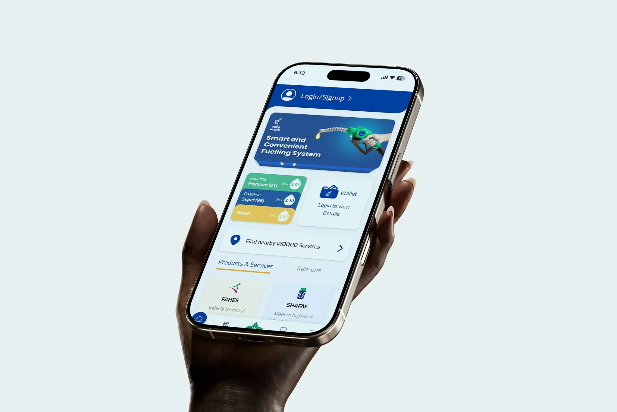 Woqood station management platform shown on a mobile device